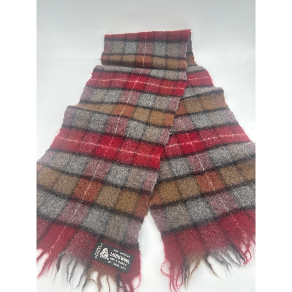 Vintage 100% Lambswool Plaid Scarf Red Grey Brown Fringed Made in Uruguay 42"